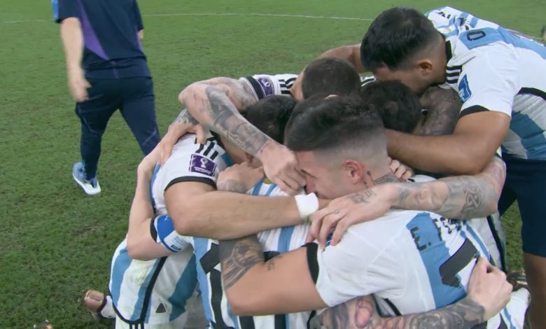 Argentina players emotional after beating France on penalties.