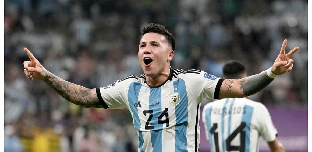 Enzo Fernandez celebrates after scoring his first goal for Argentina at the World Cup