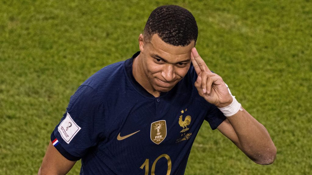 Kylian Mbappe celebrates his goal at the 2022 World Cup in Qatar