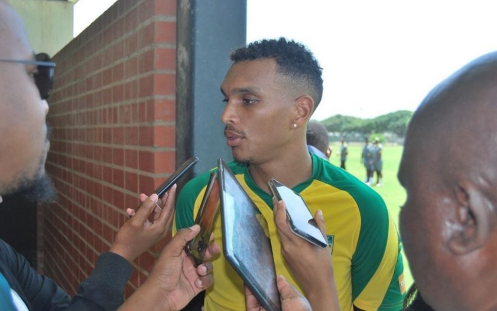 Golden Arrows striker Ryan Moon speaking to the media