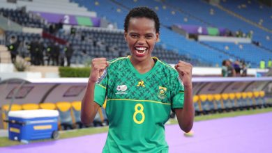 Banyana Banyana striker Hildah Magaia celebrating her brace against Morocco in the WAFCON final. 