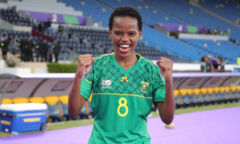 Banyana Banyana striker Hildah Magaia celebrating her brace against Morocco in the WAFCON final. 