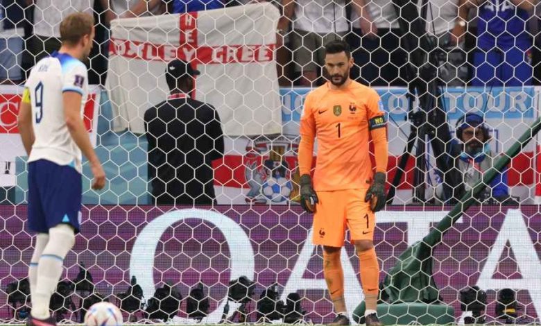 Hugo Lloris waiting for Harry Kane to take a penalty in a World Cup quarterfinal clash.