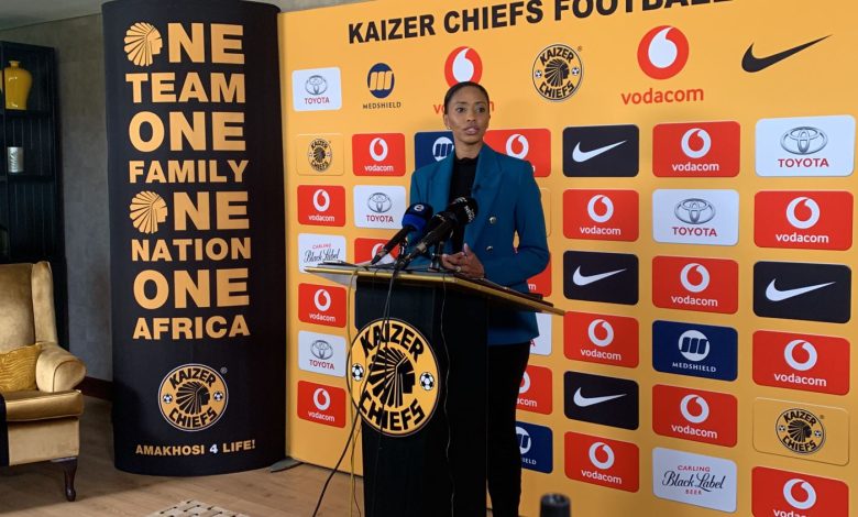 Kaizer Chiefs' Marketing and Commercial Director Jessica Motaung addressing the media