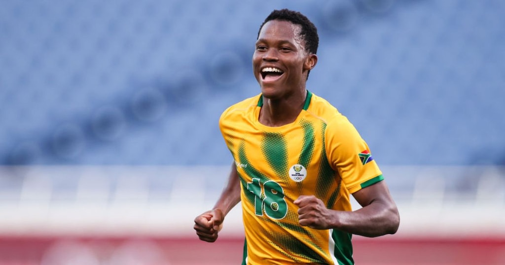 Kabamelo Kodisang celebrates a goal for South Africa at the Olympics