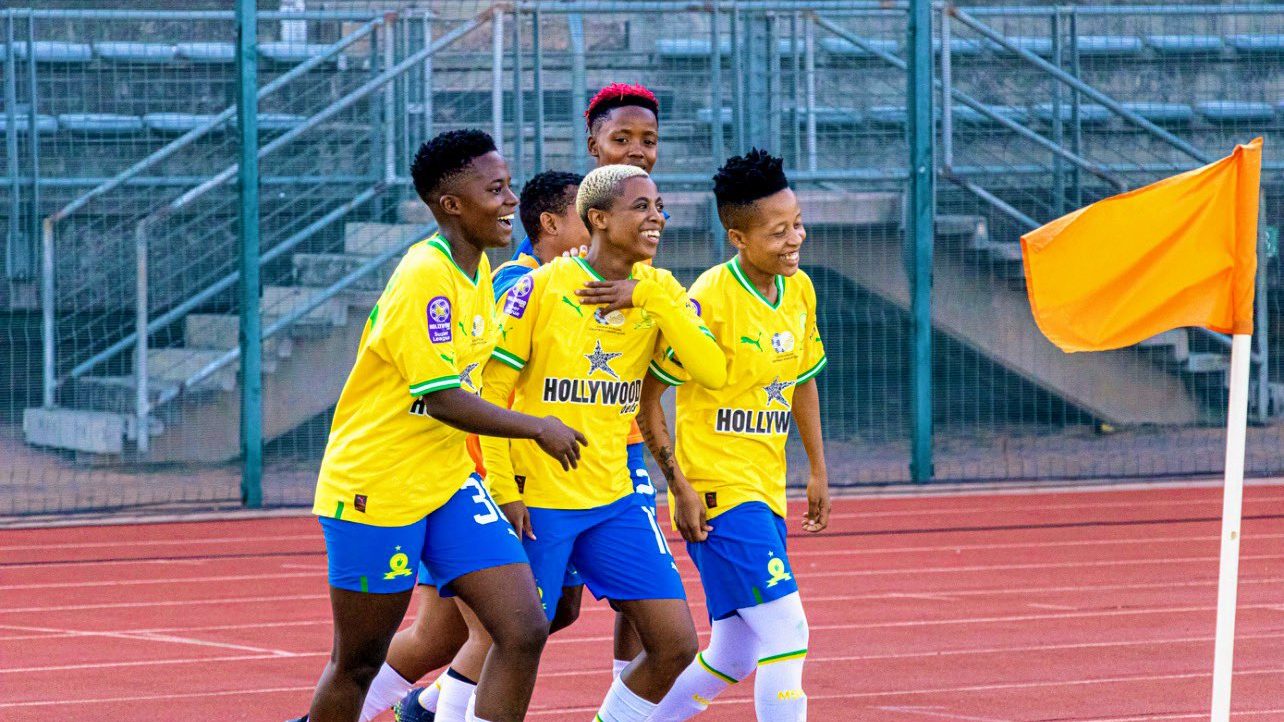 Mamelodi Sundowns Ladies defender Tiisetso Makhubela celebrating with her teammates after scoring 