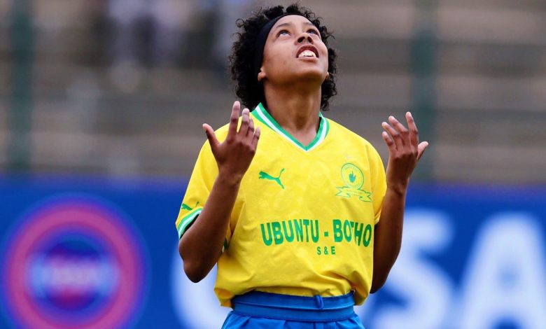 Mamelodi Sundowns Ladies frontwoman Miche Minnies in celebration after scoring