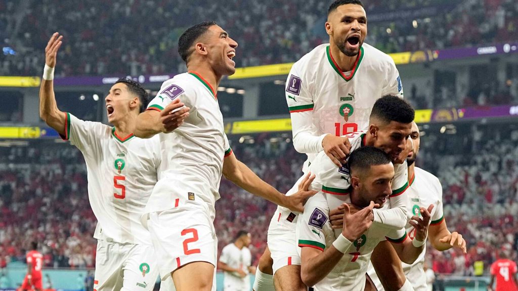 Morocco celebrating a goal at the 2022 World Cup in Qatar