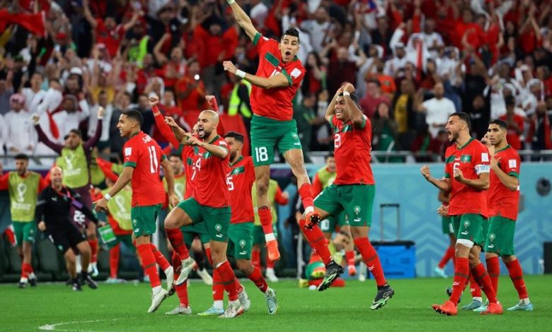 Morocco celebrating after beating 2010 World champions, Spain in Qatar