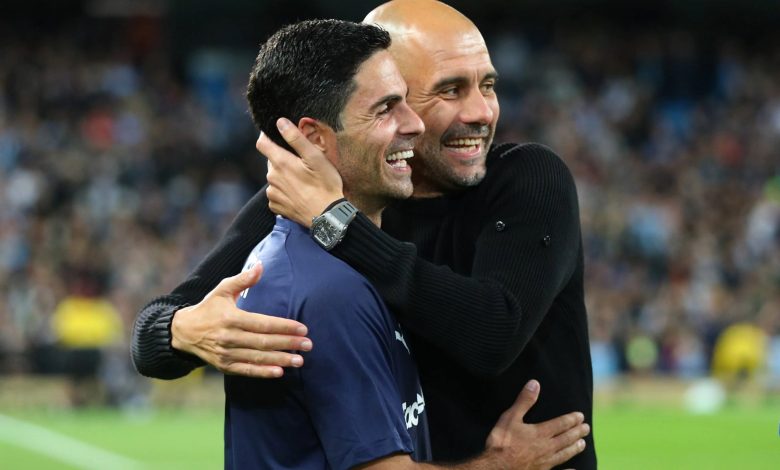 Mikel Arteta and Pep Guardiola during their time at Manchester City
