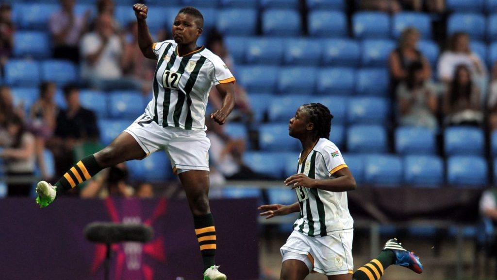 Portia during her Banyana days, celebrating a goal at the Olympics 