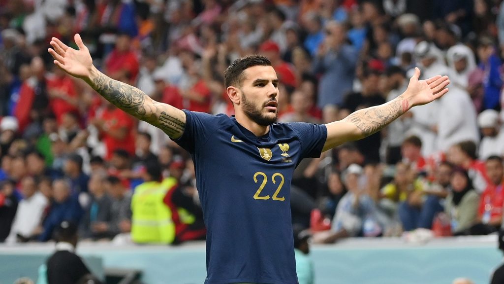 Theo Hernandez celebrating after scoring the first goal against Morocco