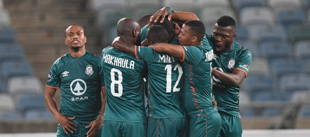 AmaZulu players celebrating a goal during a DStv Premiership 2022/23 match 