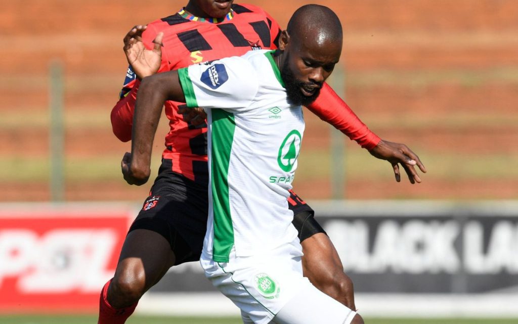 AmaZulu FC captain Makhehleni Makhaula protecting the ball from Bathusi Aubaas. Photo courtesy of AmaZulu