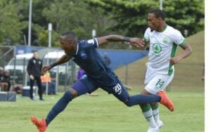 Moses Mthembu and Riaan Hanamub during AmaZulu and Richards Bay FC clash on Sunday. Photo courtesy of Richards Bay FC