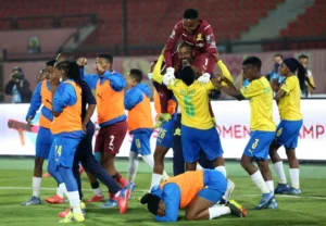 Sundowns Ladies celebrating alongside their goalkeeper, Andile Dlamini