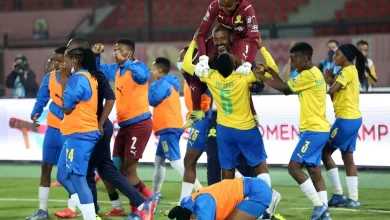 Sundowns Ladies celebrating alongside their goalkeeper, Andile Dlamini