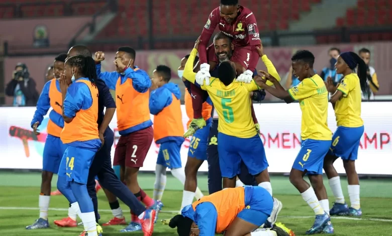 Sundowns Ladies celebrating alongside their goalkeeper, Andile Dlamini