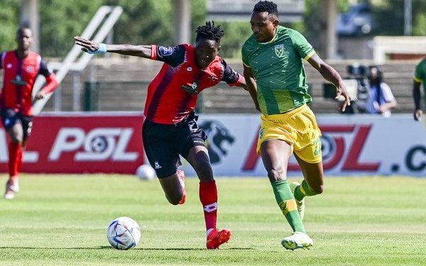 Maritzburg's Karim Kamvuidi and Arrows' Hlatshwayo fighting over the ball during the DStv Premiership clash. Photo courtesy of Maritzburg United