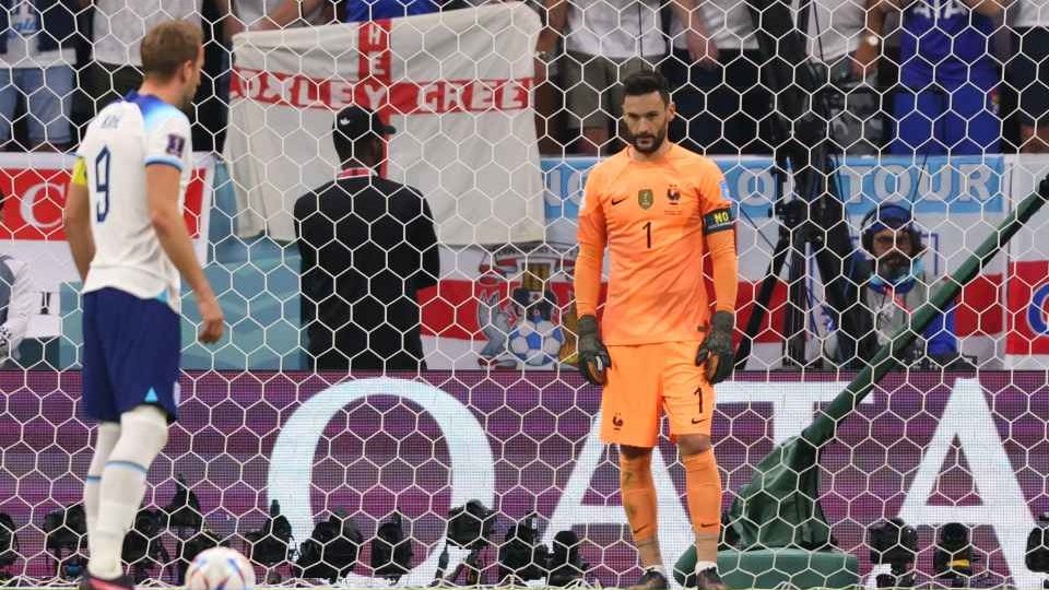 Hugo Lloris waiting for Harry Kane to take a penalty in a World Cup quarterfinal clash.