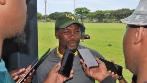 Golden Arrows coach Mabhuti Khenyeza addressing the media