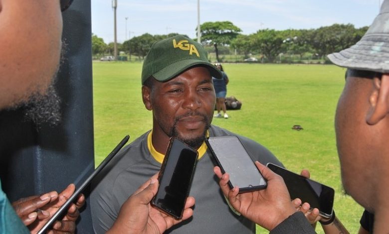 Golden Arrows coach Mabhuti Khenyeza addressing the media