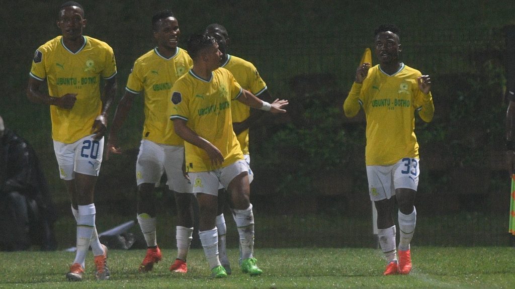 Mamelodi Sundowns players celebrating a goal against Richards Bay in a league game