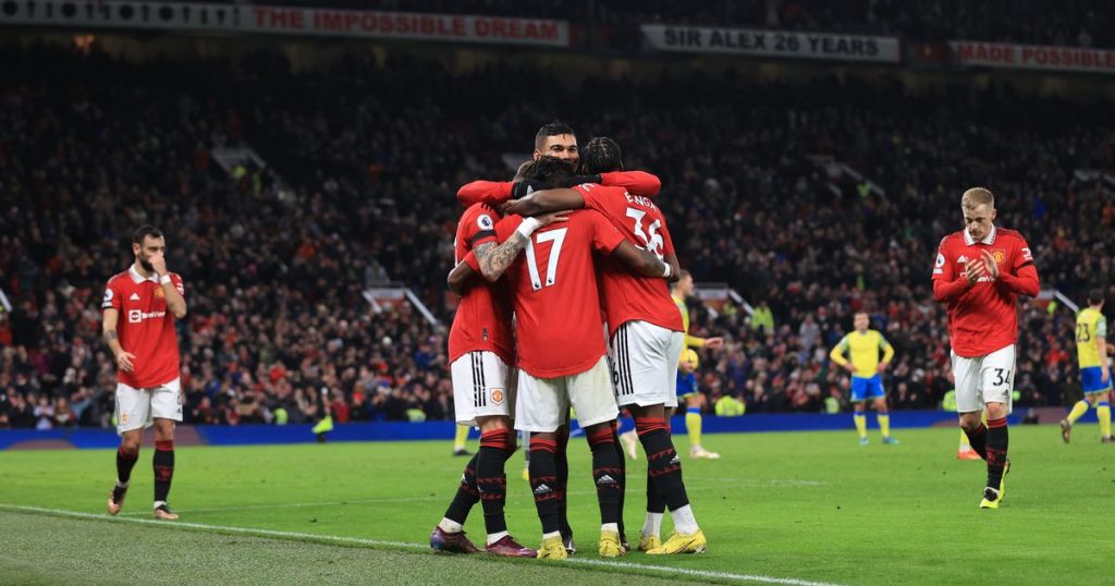 Man United players celebrating a goal they scored against Bournemouth