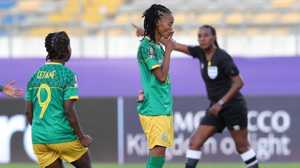 Banyana Banyana and Glasgow City striker Linda Motlhalo celebrating after scoring [Photo: Twitter/Linda Motlhalo]