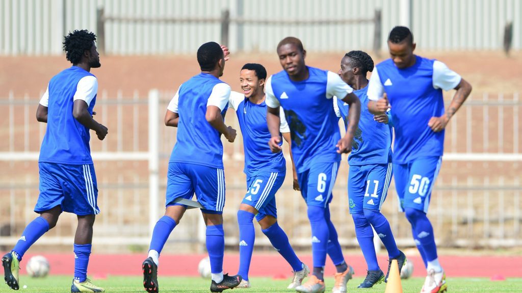 TTM players warming up ahead of a Motsepe Foundation Championship match at the Old Peter Mokaba Stadium