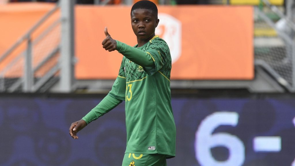 Bambanani Mbane in Banyana Banyana colours.