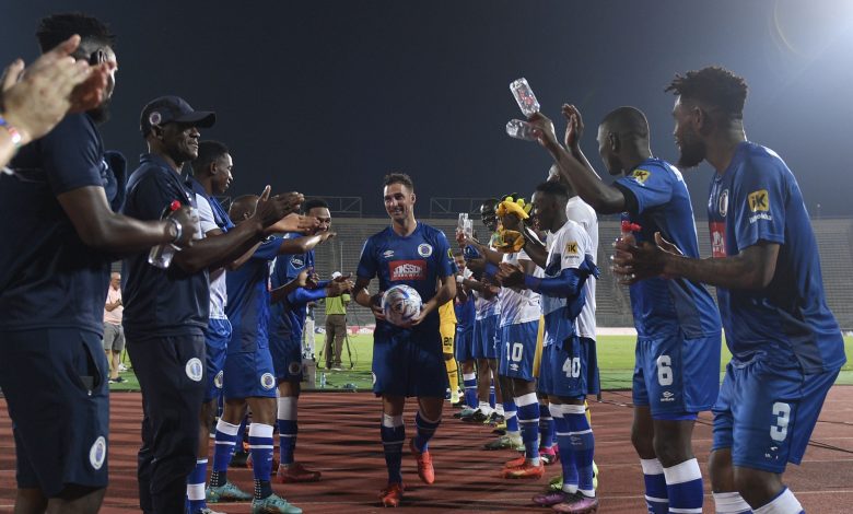 SuperSport United striker Bradley Grobler given a guard of honour by his teammates.