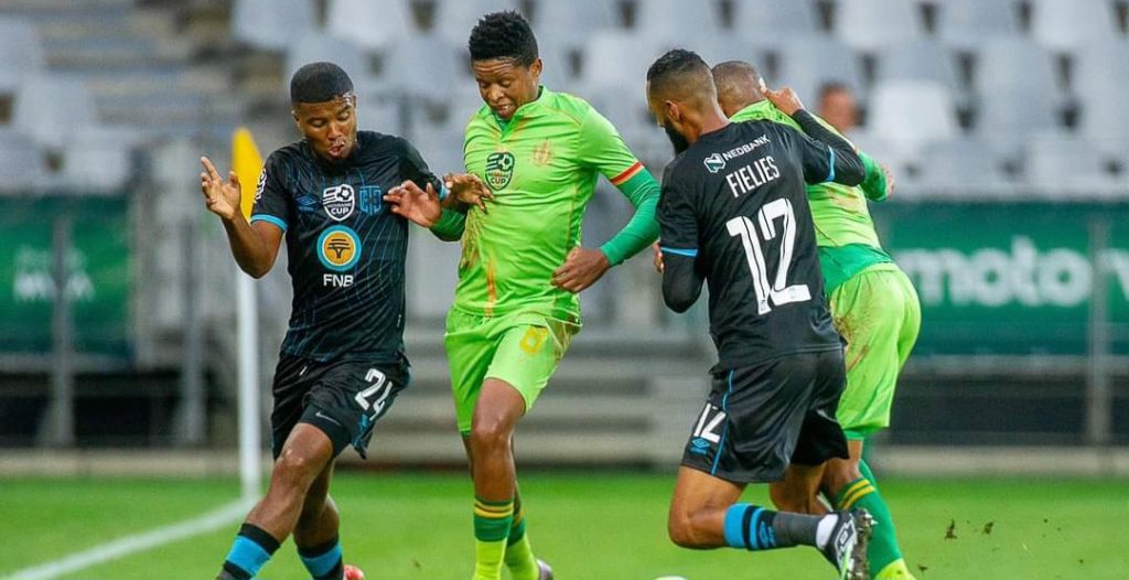 Cape Town City and Royal AM players battling for ball in the Nedbank Cup