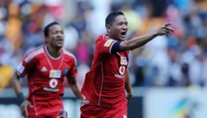 Daine Klate celebrating a Soweto Derby goal