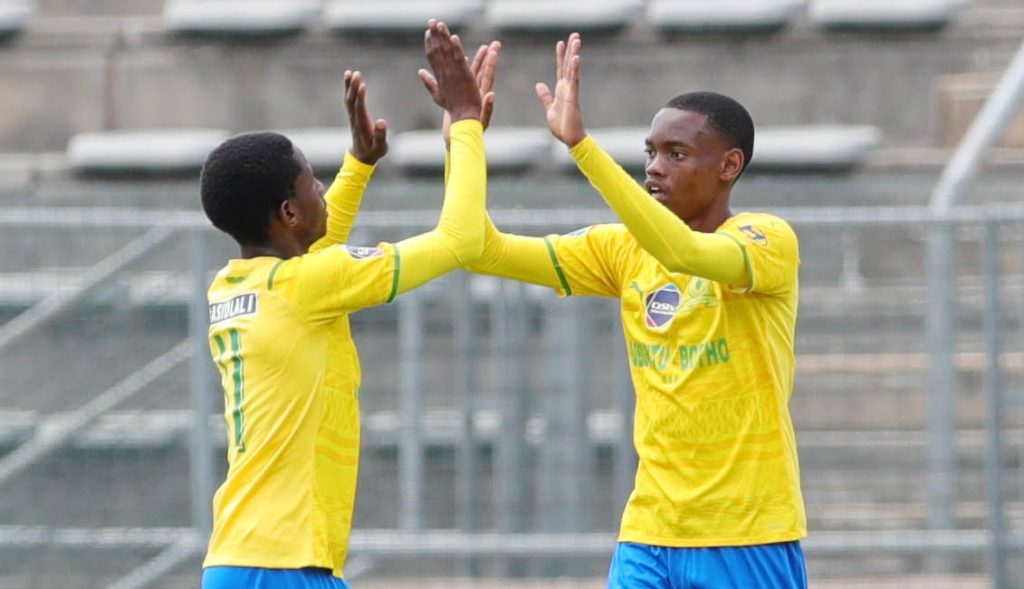 Jeremo Karelse celebrating with his Mamelodi Sundowns teammate 