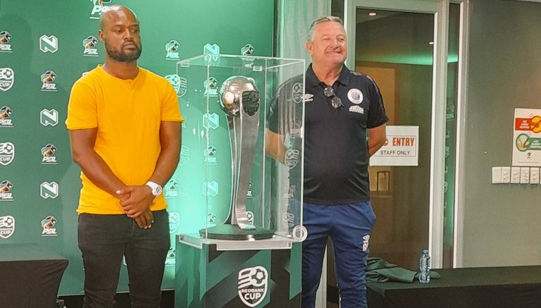 Dondol Stars co-coach Khuliso Rashamuse and SuperSport United head coach Gavin Hunt at Nedbank Cup press conference