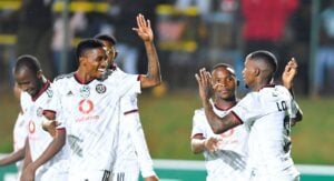 Monnapule Saleng celebrates with teammates after scoring a goal in the Nedbank Cup