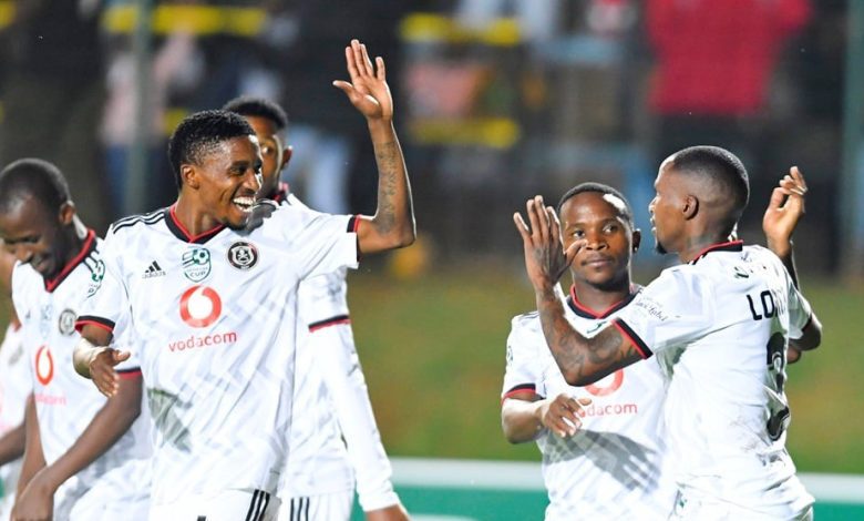 Monnapule Saleng celebrates with teammates after scoring a goal in the Nedbank Cup