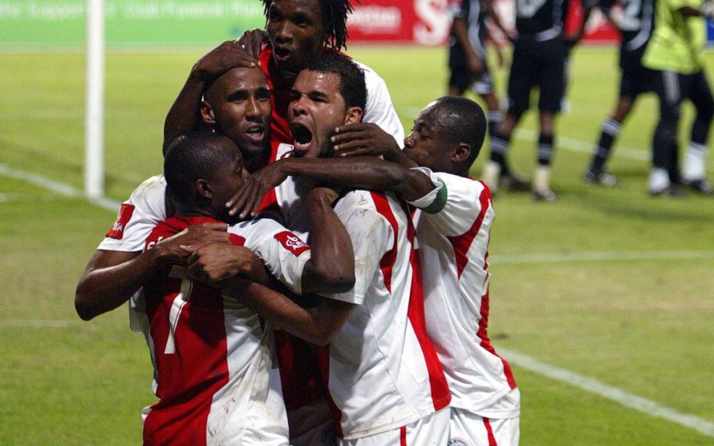 Nhlanhla Shabalala and ex-Ajax cape Town teammates celebrating a goal. Photo courtesy of Cape Town Spurs