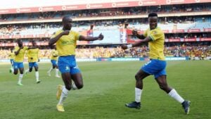 Peter Shalulile and Themba Zwane celebrating a goal