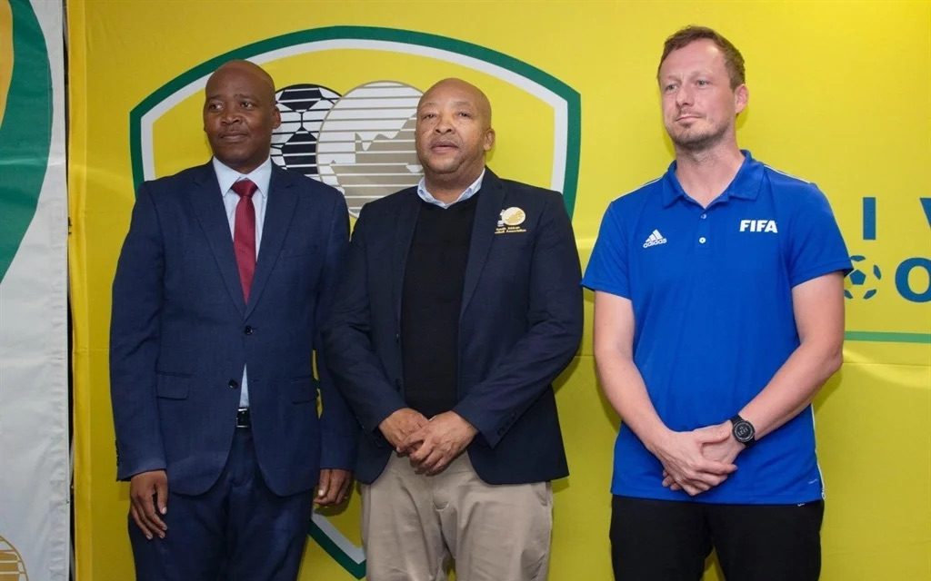 SAFA vice-president Linda Zwane and the association’s technical director Walter Steenbok with Fifa talent development scheme coach Dean Selvey during the launch of a SAFA Under-15 interprovincial tournament.