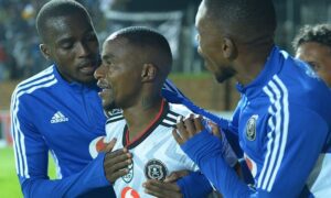 Thembinkosi Lorch celebrating a goal with teammates in the Nedbank Cup