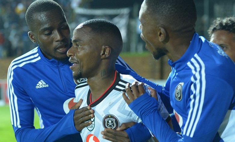 Thembinkosi Lorch celebrating a goal with teammates in the Nedbank Cup