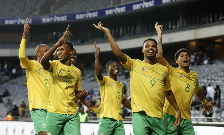 Bafana Bafana celebrating a goal against Liberia, in the 2023 AFCON Qualifiers