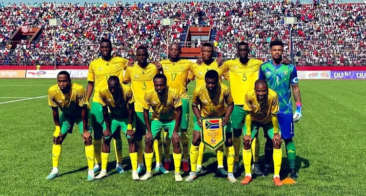 Bafana Bafana line up for the team photo in Liberia