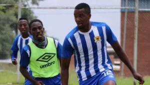 Tiklas Thutlwa collapses in a Motsepe Foundation Championship clash.