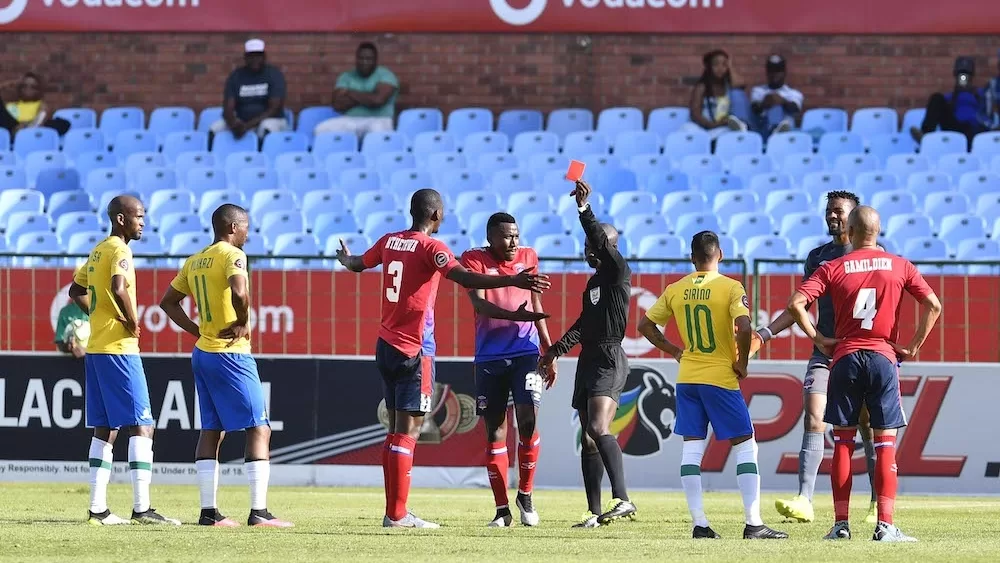 Centre-back Sandile Mthethwa shown a red card playing for Chippa United. 