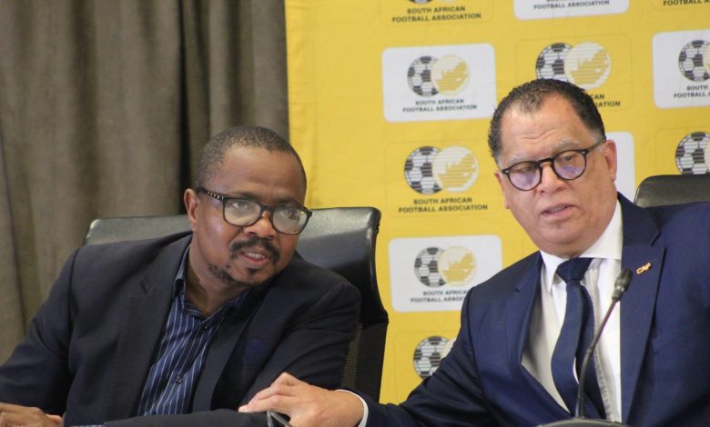 Dr Danny Jordaan and Advocate Tebogo Motlanthe addressing members of the media.