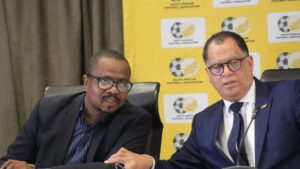 Dr Danny Jordaan and Advocate Tebogo Motlanthe addressing members of the media.