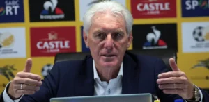 Hugo Broos addressing the media
